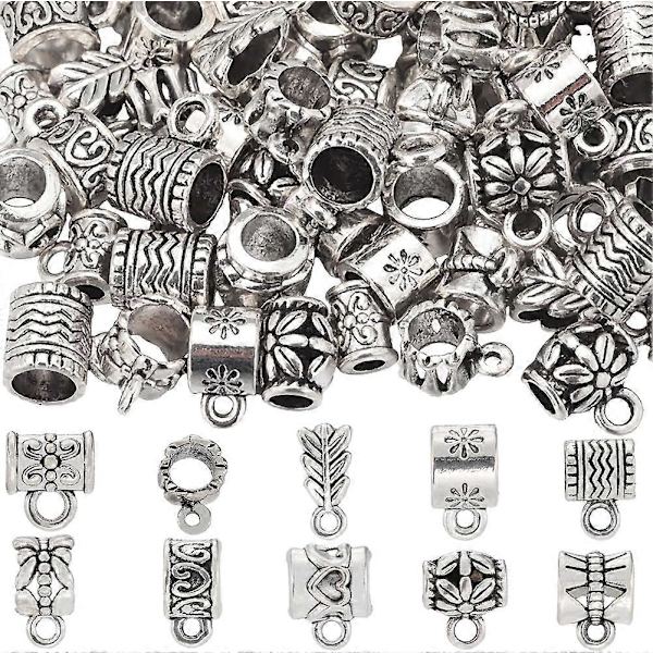 1 Ask 100 st Silver Bail Pärlor Bulk Bail Spacer Pärlor Charms Antik Tibetansk Rör Bailar Europeiska Hängare Länkar Connector Spacers Pärlor för Smycken Maki