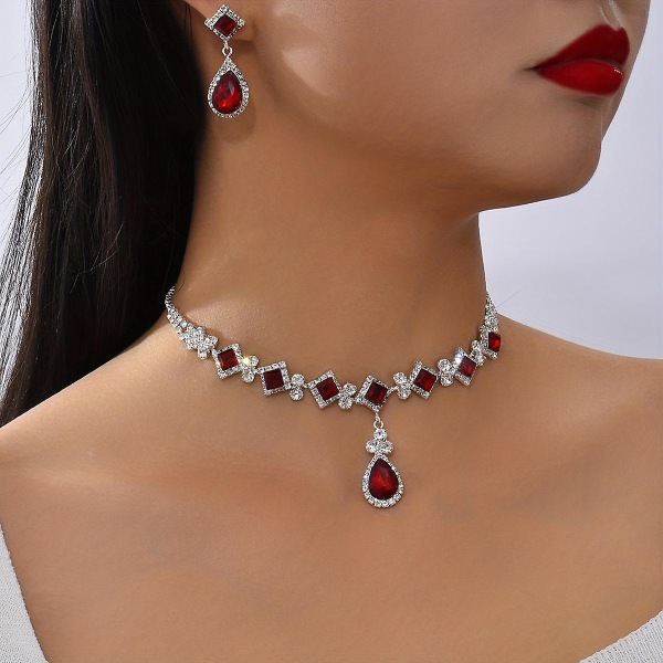 Kvinnors lyxiga rubin hänge halsband & örhängen smycken Set Party födelsedagspresent