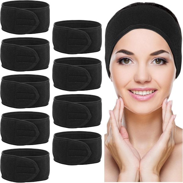 10-pack Svarta Spa-Hårband för Ansiktet - Lättanvända Sminkhuvudband - Justerbara Terry-Band för Ansikte och Duschen - Handduk Skyddar Hår och Huvud