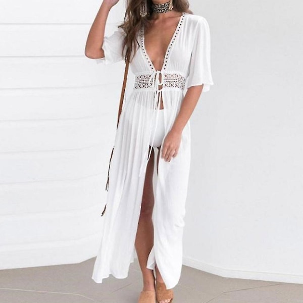 Bikini spetsöverdrag Sömnad Spetsad Lång Sjal Cardigan Mid-length Chiffon XL White