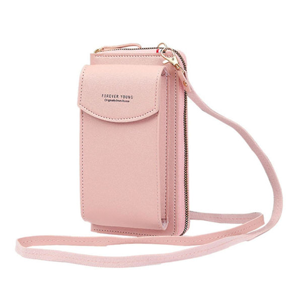 Dame Crossbody Veske Mobiltelefon Lommebok PU Lær Skulderveske Mobiltelefon Kort Pink
