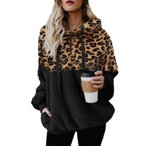 Hoodie för kvinnor Leopardmönstrad plyschtröja med fickor dragsko huva 5XL Black