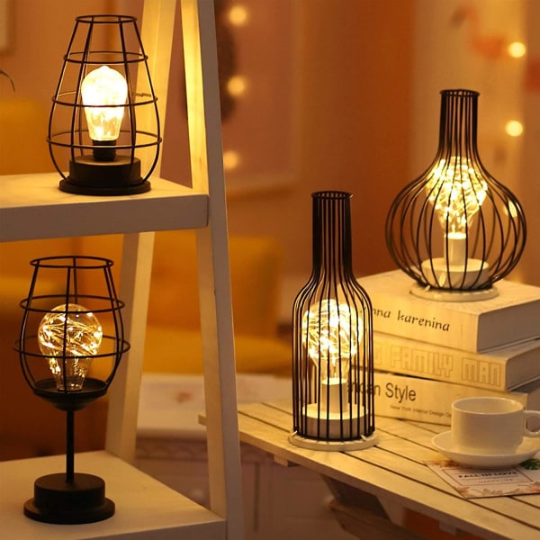 Dekorativ bordslampa, retro bordslampa, bur-stil, nattlampa, retro, batteridriven, skrivbordslampa