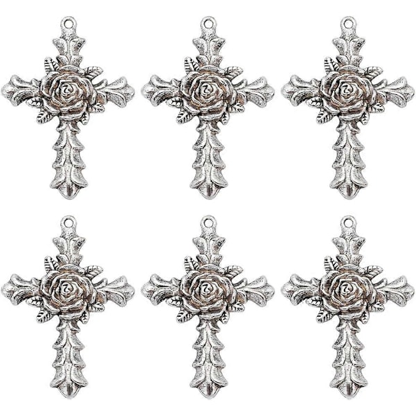 1 Eske 10 stk. Korsanheng Tibetansk Stil Antikk Sølv Store Korsperleanheng Roseblomster Påske Vintage Kors Krusifiksformet Anheng for Smykkefremstilling