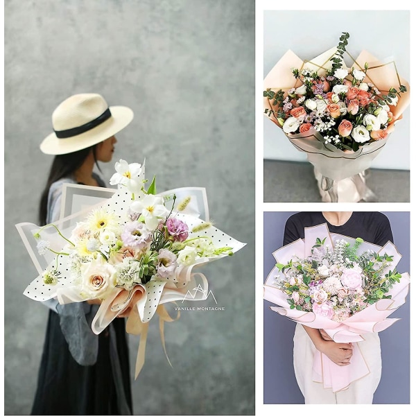 Genomskinliga guldkant vattentäta blomsterförpackningspappersark frostade bukettpapper och 3/4 tum x 50 yards dubbelsidig satinband med go