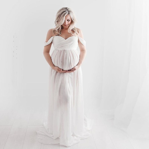 Gravidklänning Off Shoulder Långärmad Gravidklänning för fotografering Gravidklänning för fotografering White M