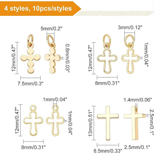 40 stk. 4 Stilarter Ægte 18K Guldbelagt Messing Kors Charms Guldbelagte Vedhæng Halskæde Øreringe Smykker Gave til DIY Smykkefremstilling DIY Håndværksdesign 1