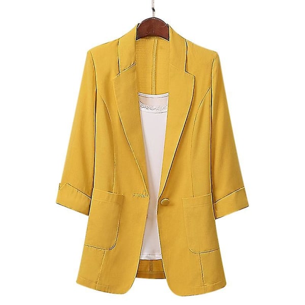 Puuvilla-pellava pitkä ja suuri kokoinen bleiseri löysä rento puku naisten vaatteet L Lemon Yellow