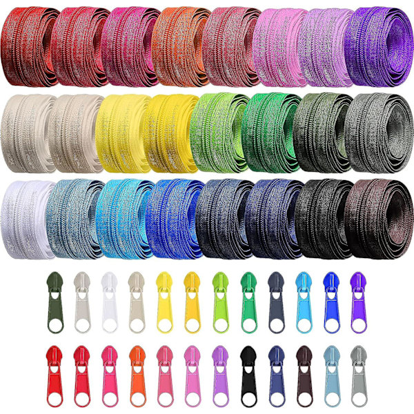 24 meter sortiment av 24 färger #5 nylon spiralblixtlås, blandade färger syblixtlås med 96 stycken färgglada blixtlåssliders blixtlås reparationskit för DIY sömnad