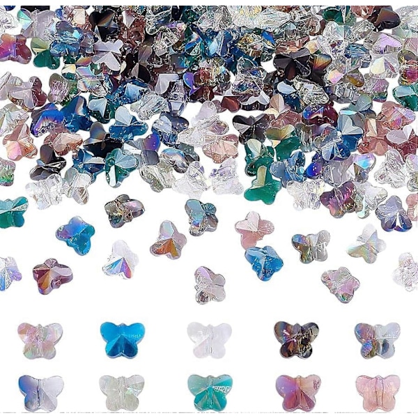 200 stk. sommerfuglglassperler, bulk, sommerfugl-mellomperler, blanding av 10 farger, krystallglassperler