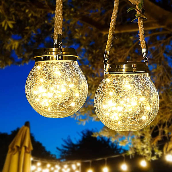 Solcellslampor för utomhusbruk - Set med 2 utomhus solcellslampor - 20 LED dekorativa utomhus solcellslampor för trädgård, inomhus och utomhus solcellslampor i glas (varm vit)