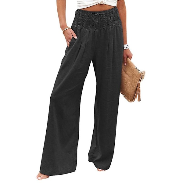 Dame Linned Boho Bred Ben Høj Talje Afslappede Bukser Black L