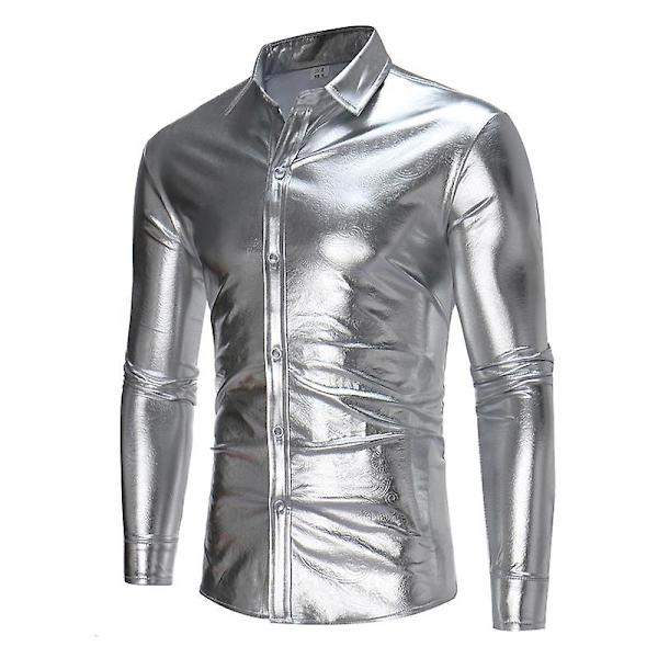 Miesten kiiltävät slim fit -pitkähihaiset yökerhopaidat Silver M