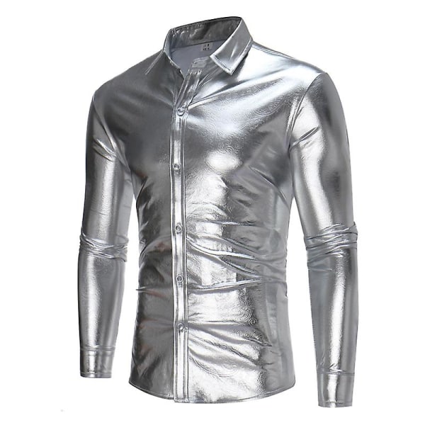 Shiny Slim Fit Långärmad nattklubbskjortor för män Silver L