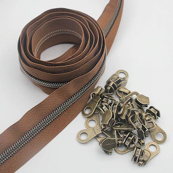 #5 Antikk Messing Metallisk Nylon Glidelås På Meteren Bulk 10 Meter (brun Tape Med 25 stk Messing Glidere For DIY Sy Skredder Håndverk Veske(brun)