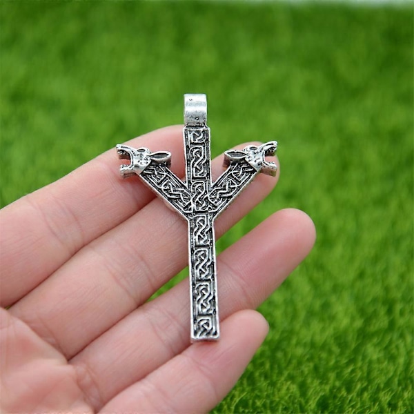 Nordiska Runor Algiz Skydd Amulett Varg Huvuden Talisman Viking Halsband Hänge Smycken Rope Chain Silver