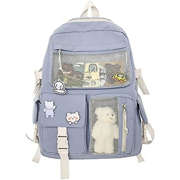 Kawaii Rygsæk Med Søde Nåle Tilbehør Plys Vedhæng Kawaii Skolerygsæk Sød Æstetisk Rygsæk blue