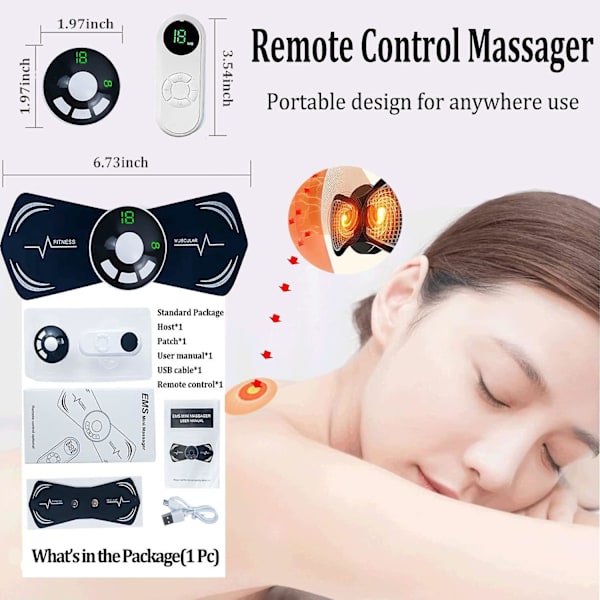 Nackmassage, bärbar nackmassage med fjärrkontroll, 8 lägen 18 nivåer justerbar, lymfdränage mininackmassage (mt-1pc)