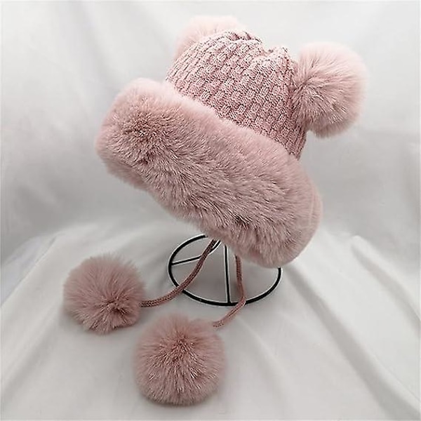 Varm Ullhatt med Öronlappar, Tjock Hatt, Söt Snö- och Vinterkeps för Kvinnor, Varmaste Hatt för Män (Rosa)