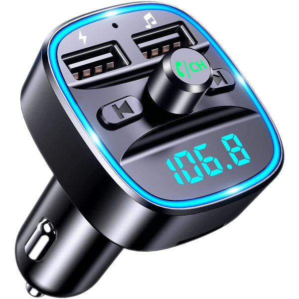Bluetooth FM-sändare för bil, Bluetooth biladapter Mp3-spelare FM-sändare, handsfreesamtal, dubbla USB portar (5v/2.4a & 1a), ledskärm, suppl.