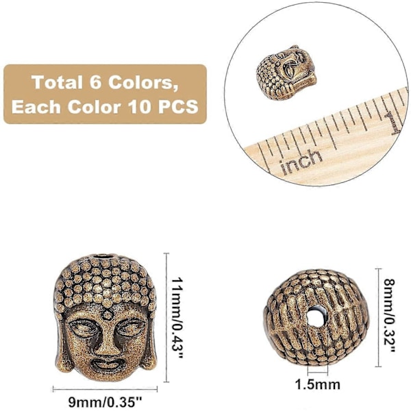 60 stk. 6 Farve Legering Buddha Hoved Perler Charm Connector Perler til Armbånd Halskæde Øreringe Smykkefremstilling Håndværk