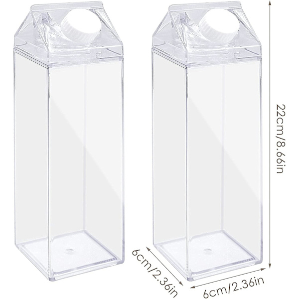 2-pack transparent mjölkförpackning vattenflaska återanvändbar fyrkantig mjölkflaska för mjölkdryck juice (500 ml)