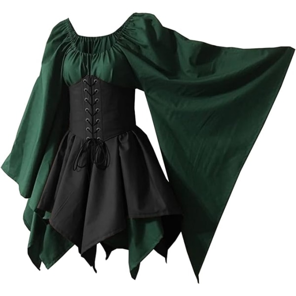 Perinteinen irlantilainen mekko, renessanssi keskiaikainen puku, levenevähihainen korsetti, Halloween, viktoriaaninen lyhyt mekko blackone 2XL