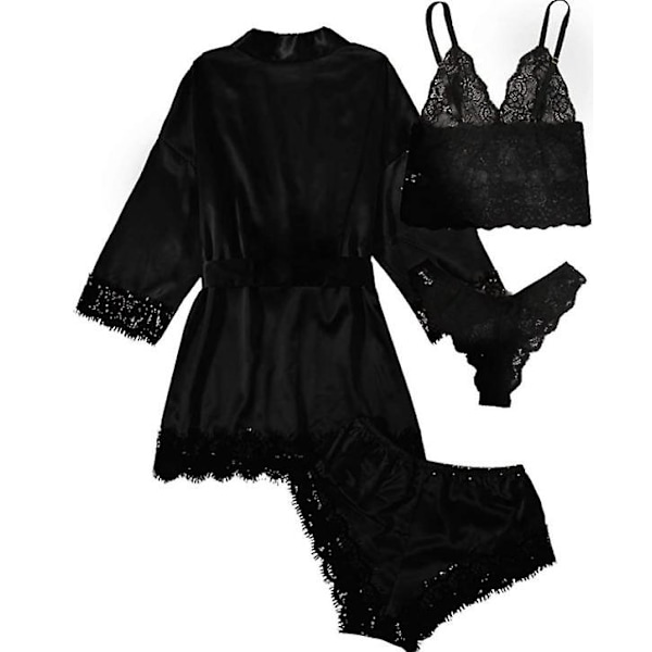 Dame 4-delt Pyjamas Satin Pyjamas Sett Med Morgenkåpe Black 2XL