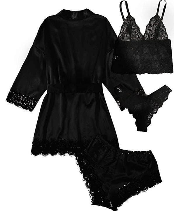 Dame 4-delt Pyjamas Satin Pyjamassæt med Morgenkåbe Black 2XL