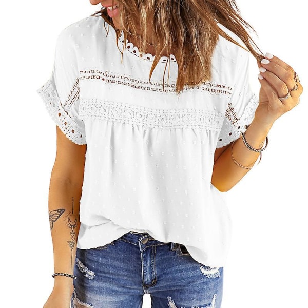 Dame Sommer Toppe Blonde Hæklet Kortærmet Skjorter Casual Bluser White M