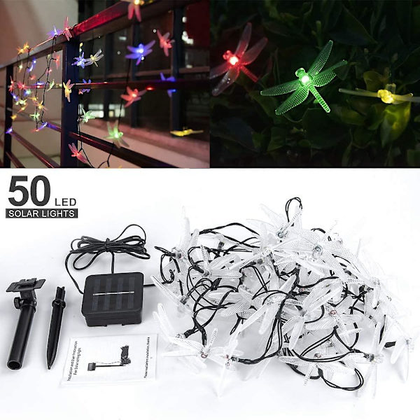 Solcelle Lyslenke 50 LED Libelle Lyslenke med 8 Lysmoduser Vanntett Belysning