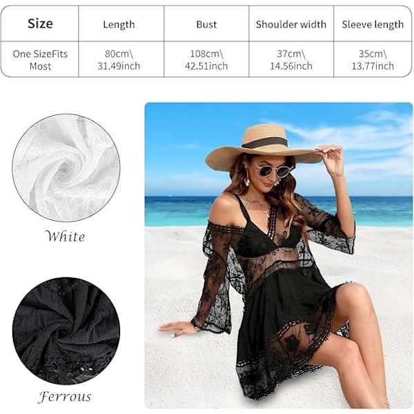 Strandklänning för kvinnor, spets V-ringad baddräkt transparent, strandponcho bikiniöverdrag, elegant sommarklänning för badmode, strandsemester svart