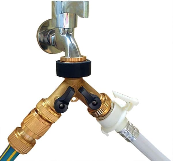 Solid messing 2-veis slangesplitter 2-veis slangekobling med av/på-ventiler, kran og 3/4\" uttak, bruk opptil 2 slanger samtidig