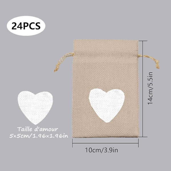 (mörk Khaki) 24 st hjärtmönstrade säckvävspåsar 10 * 14 cm, för bröllopsdekorationer för godisgåvor dop födelsedag jul små