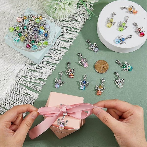 36 st Angelving Charm Färgglada Fairy Hängande Berlocker Akryl Hjärta Pärlor Berlocker med Hummerlås