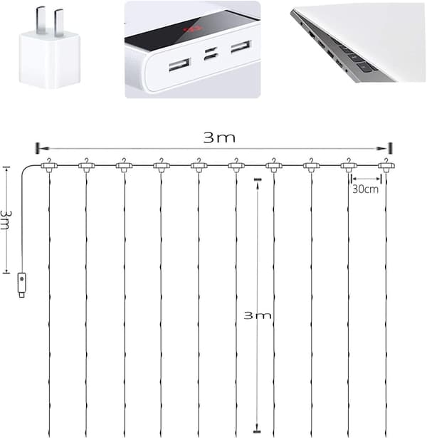 Gardinlys, USB, 300 LED-lys 3m*3m 8 Lysmoduser, vindusdekorasjon, vanntett IP44 [energiklasse A+++]