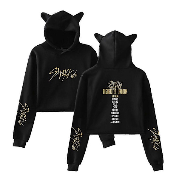 Kpop Stray Kids Hoodie Kattöron Tröjor för Dam Felix Hyunjin Bangchan Hoodie Sweatshirt-15103 black-15103 S