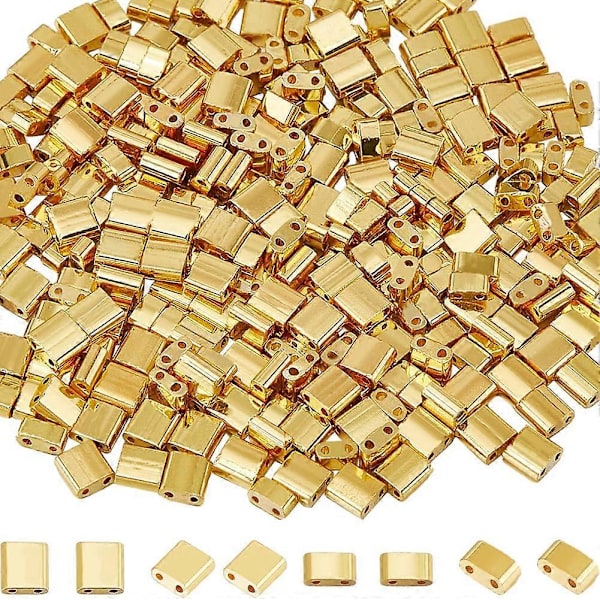 1 Ask 300 st 2 Storlekar Guld Tila Pärlor Bulk Två Hål Frö Pärlor Halv Skurna 5mm 1/2 Tila Pärla Distanser Glas Mini Rektangel Platta Kvadratiska Frö Pärlor för Smycken