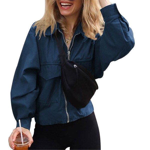 Jakker Dame Langermet Store Lommer Jakker Kåpe Ensfarget Casual Topper Ny S E