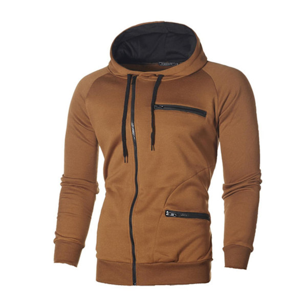 Herr Hoodie med dragsko, långa ärmar, sidodragkedja, aktiv kofta, sweatshirt 3XL Camel