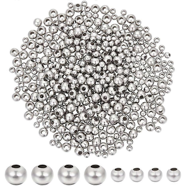 400 st Rund Pärlor i Rostfritt Stål, 2 Storlekar, 4/6mm Distanspärlor, Lösa Pärlor, Metallpärlor, Släta Pärlor, Armbandspärlor, Tillbehör för DIY-Halsbandssmycken