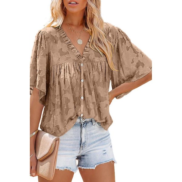Kvinners V-hals Chiffon Trykte V-hals Avslappede Bluse Skjorte Topper Khaki 3XL