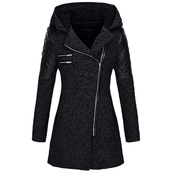 Dame Skrå Glidelås Slim Fit Hettejakker Stilig Varm Vinter Trenchcoat S Black