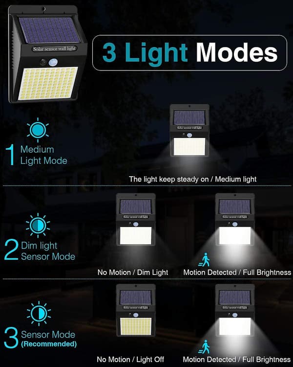5 Pakke solcellelamper utendørs, 3 moduser utendørslys bevegelsessensor 100 LED vanntett