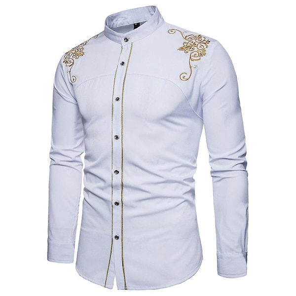 Herre Broderet Langærmet Slim Fit Button Down Casual Party Skjorte White L
