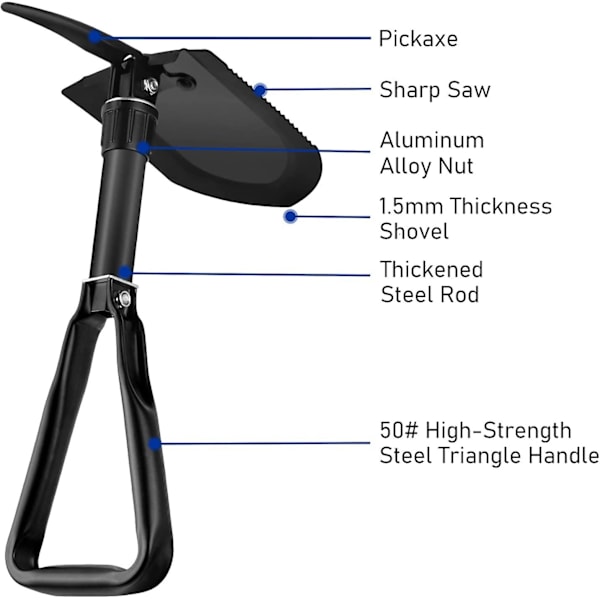 58cm hopfällbar spade, ultrastabil högstyrka kolstål multifunktionell spade bärväska, (svart)