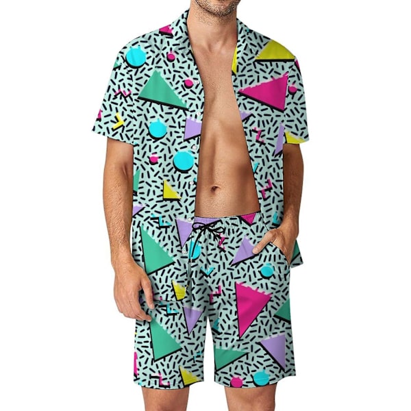 Herre 2-delt linned sæt strandtøj skjorte med knapper og shorts Q3 XL