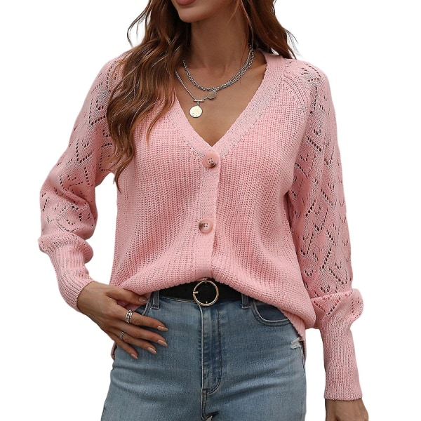 Efterår og vinter ny afslappet sweater ensfarvet rombe sweater til kvinders afslappede hverdag L Pink