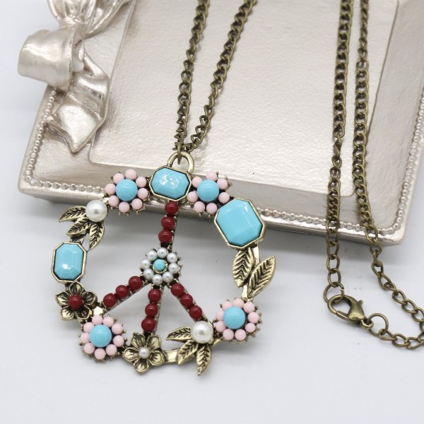 Vintage färgglatt långt halsband med fredsblommor för kvinnor och flickor - långt antikrig och antikrig blomhalsband