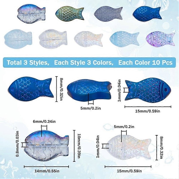 1 Eske 90 stk. Fiskeperler Fiske Glassperler Bulk Elektroplettert Frostet Blå Fiske Dyre Perle Sommer Hav Dyr Dobbeltsidige Løse Avstandsperler for
